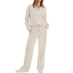 Women's Casual Lounge Set with V-Neck Sweatshirt and Loose Drawstring Pants