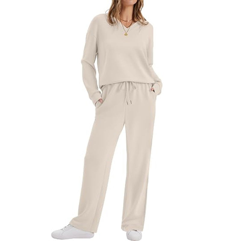 Women's Casual Lounge Set with V-Neck Sweatshirt and Loose Drawstring Pants