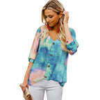 Casual Women's Blouse with Colorful Gradient and Roll-Up Sleeves