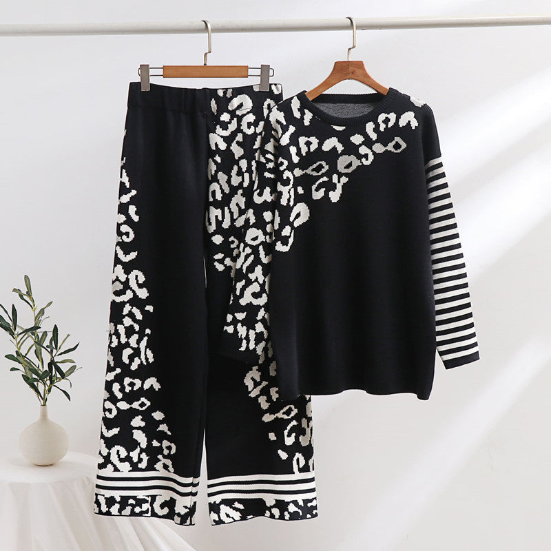 Women's Fashionable Lounge Set with Animal Print and Wide Stripes