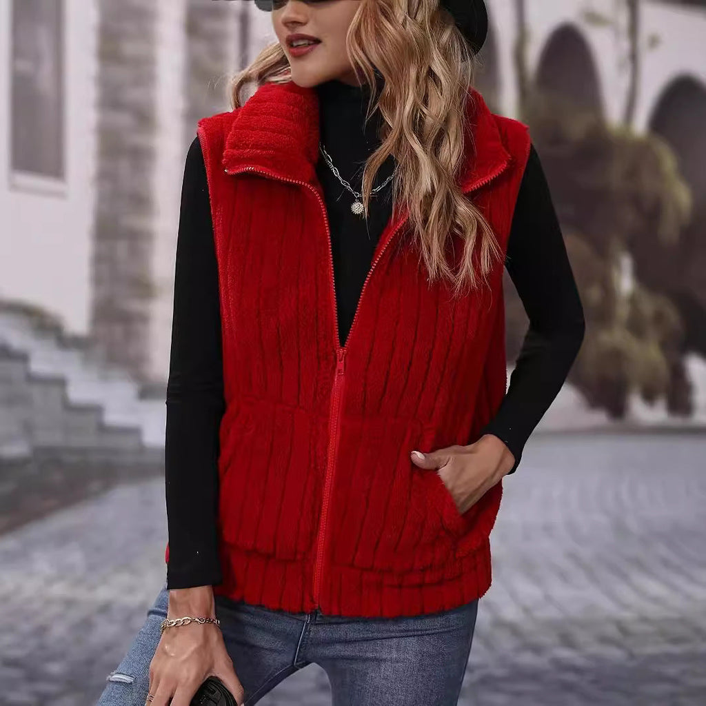 Women's Fluffy Plaid Vest with Pockets