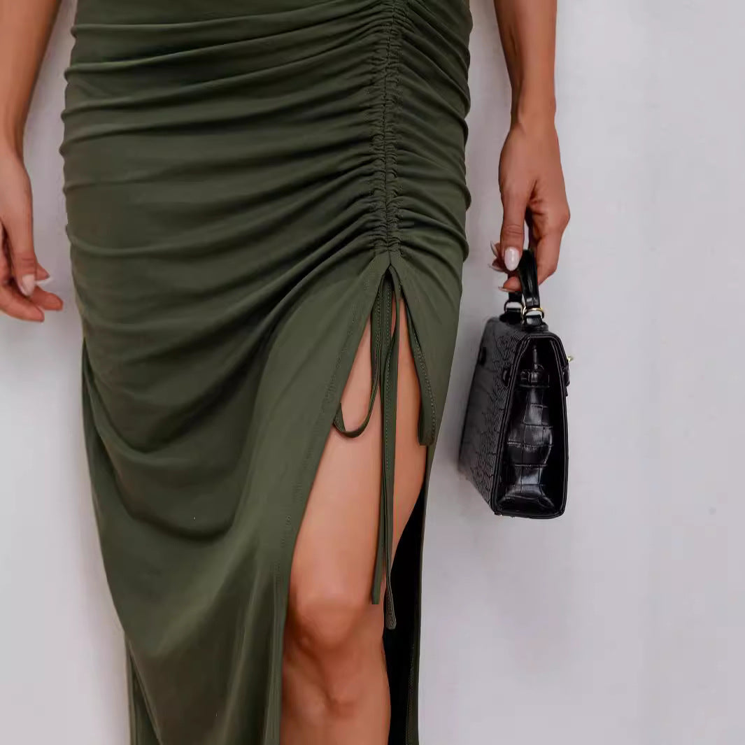 Women's Sleeveless Dress with Decorative Button Details and Ruching
