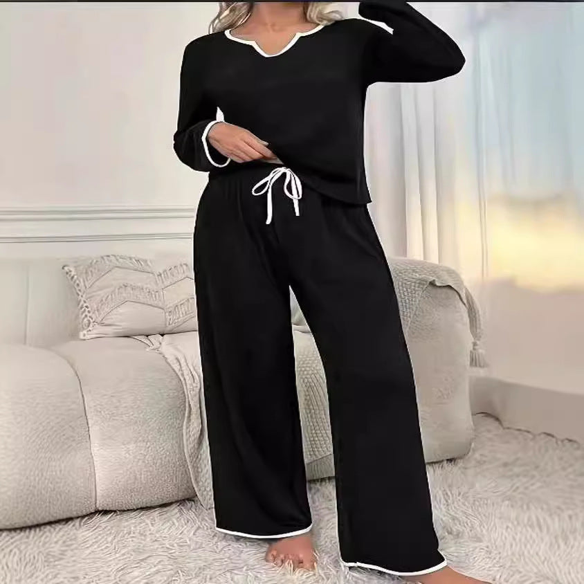 Women's Lounge Set with Elegant V-Neck and Contrast Details