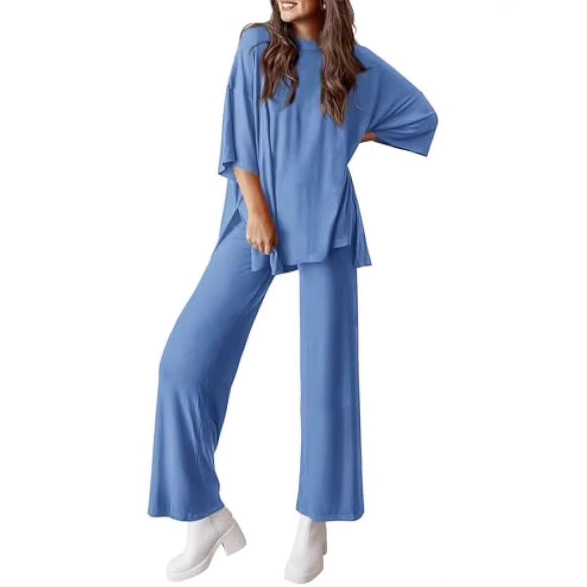 Women's Casual Lounge Set in Soft Jersey with Oversized Tunic and Wide Palazzo Pants