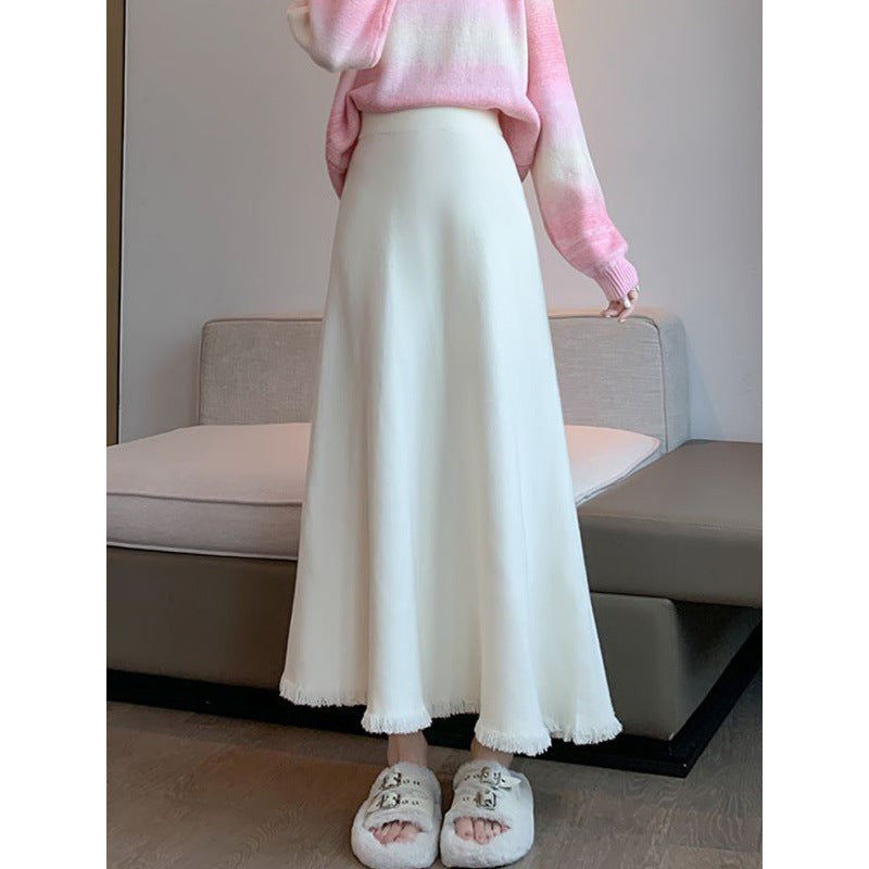 Women's Maxi Skirt in Soft, Textured Knit Fabric with Frayed Hem
