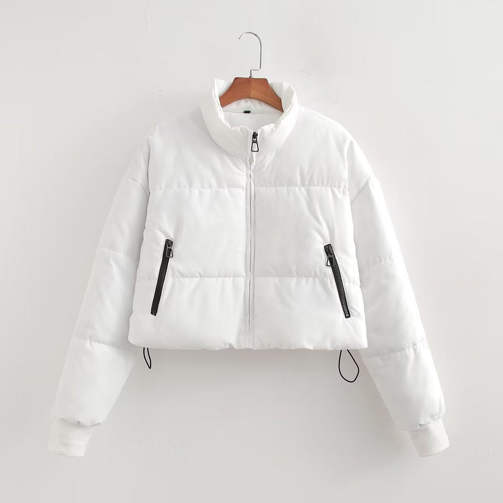 Women's Cropped Puffer Jacket with High Collar and Zipper Pockets