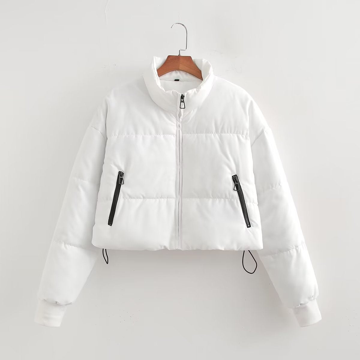 Women's Cropped Puffer Jacket with High Collar and Zipper Pockets