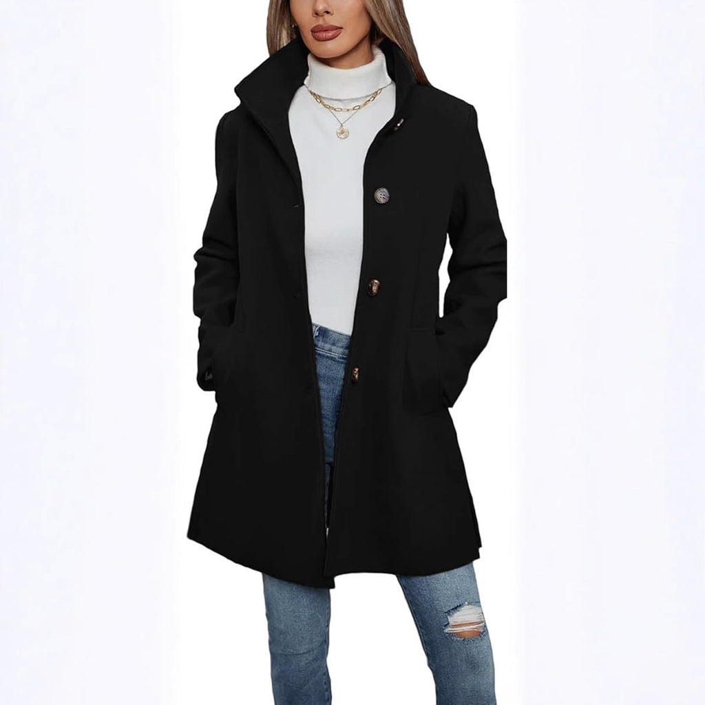 Elegant Wool Coat with High Collar and Practical Pockets
