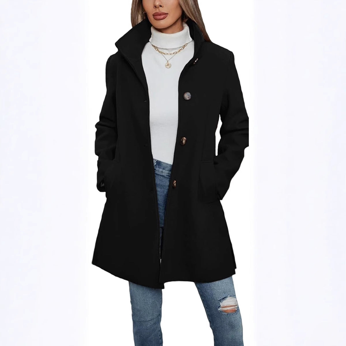 Elegant Wool Coat with High Collar and Practical Pockets