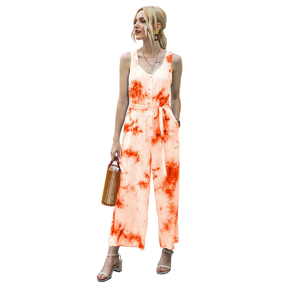 Casual Jumpsuit with Tie Belt and Button Placket
