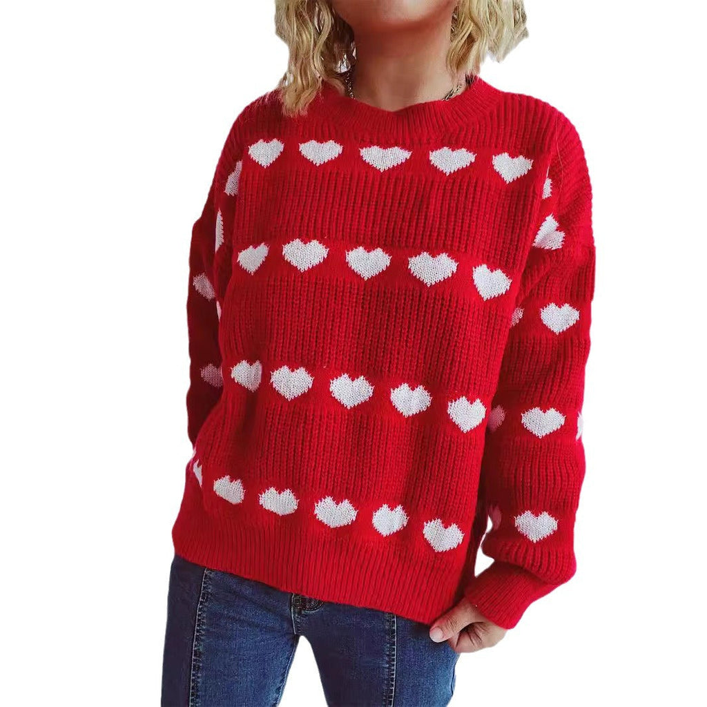 Cozy Heart Pattern Knit Sweater with Wide Sleeves