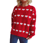 Cozy Heart Pattern Knit Sweater with Wide Sleeves