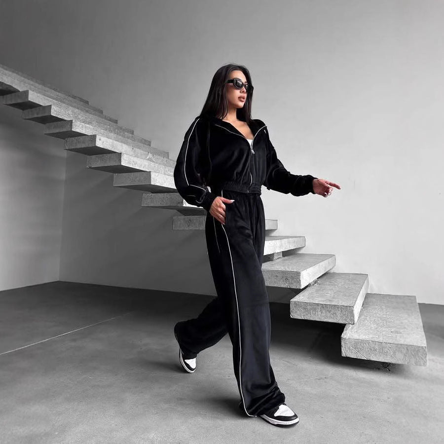 Women's Velour Loungewear Suit with Hood and Elastic Waistband