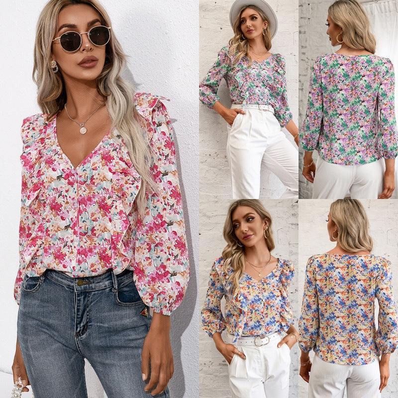 Women's Blouse with Ruffles and Floral Pattern