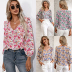 Women's Blouse with Ruffles and Floral Pattern