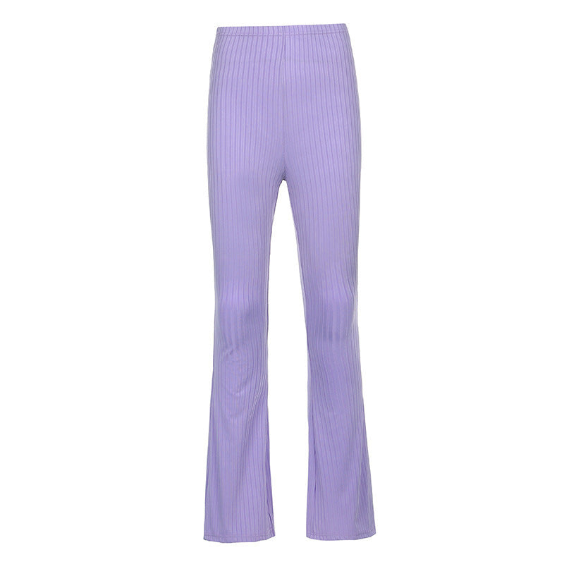 Women's High-Waisted Slim-Fit Flared Pants with Ribbed Details