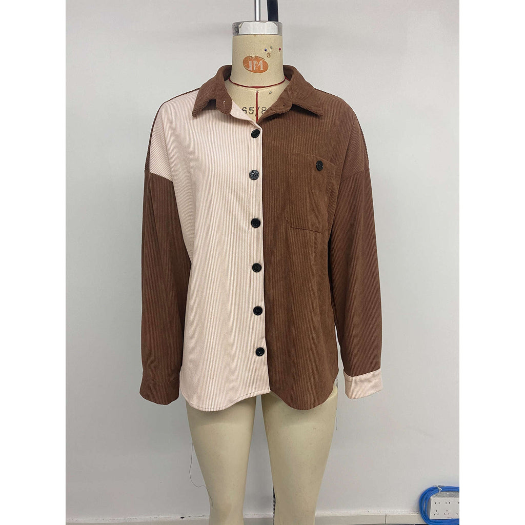 Women's Corduroy Shirt with Color-Block Design
