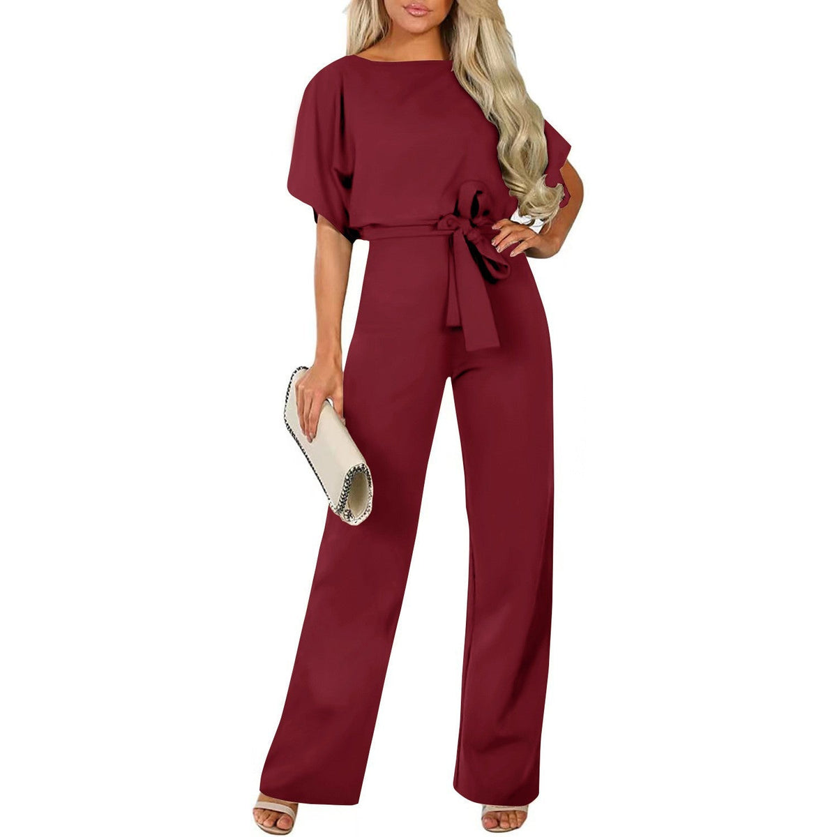 Long Jumpsuit with Tie Belt and Cap Sleeves