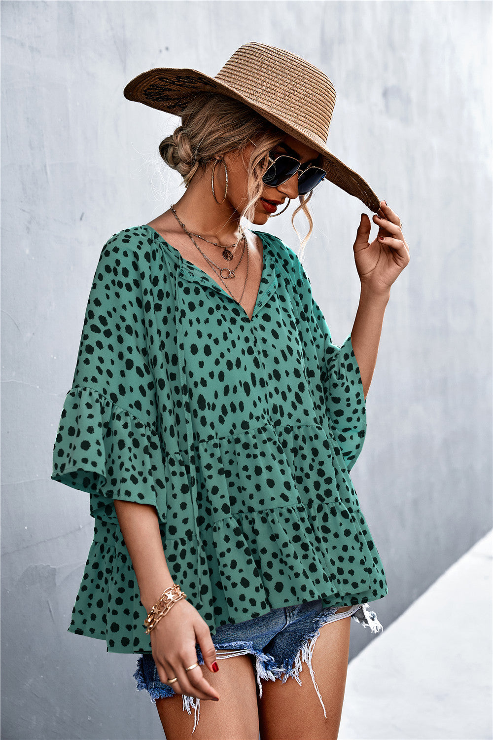 Women's Casual Blouse with Voluminous Sleeves and Polka Dot Pattern