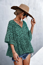 Women's Casual Blouse with Voluminous Sleeves and Polka Dot Pattern
