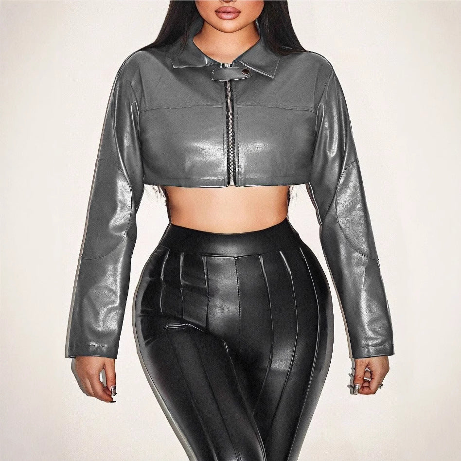 Women's Cropped Faux Leather Jacket with Innovative Zipper
