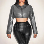 Women's Cropped Faux Leather Jacket with Innovative Zipper