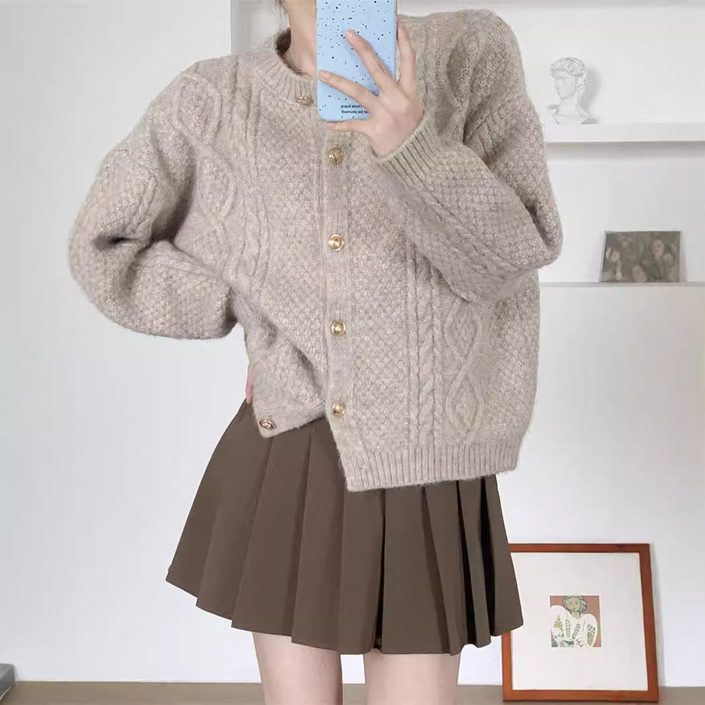 Women's Patterned Cardigan with Gold Buttons and Wide Cut