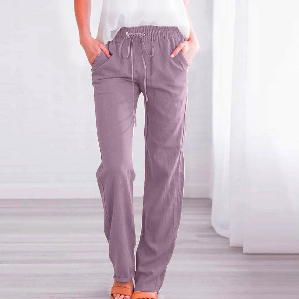 Women's Comfortable Linen Pants with Elastic Waist and Pockets