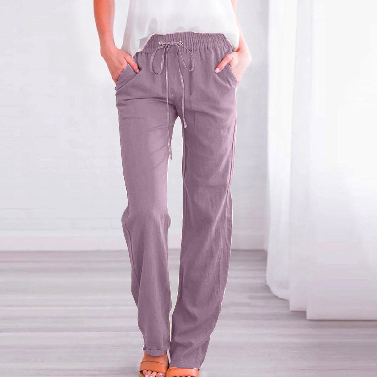 Women's Comfortable Linen Pants with Elastic Waist and Pockets
