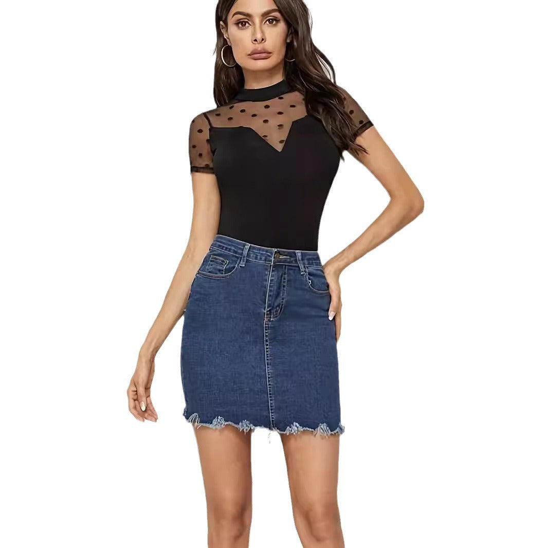 Women's Bodysuit with Sheer Polka Dots and High Neck
