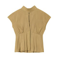 Women's Blouse with Elegant Stand-Up Collar and Pleated Details