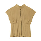 Women's Blouse with Elegant Stand-Up Collar and Pleated Details