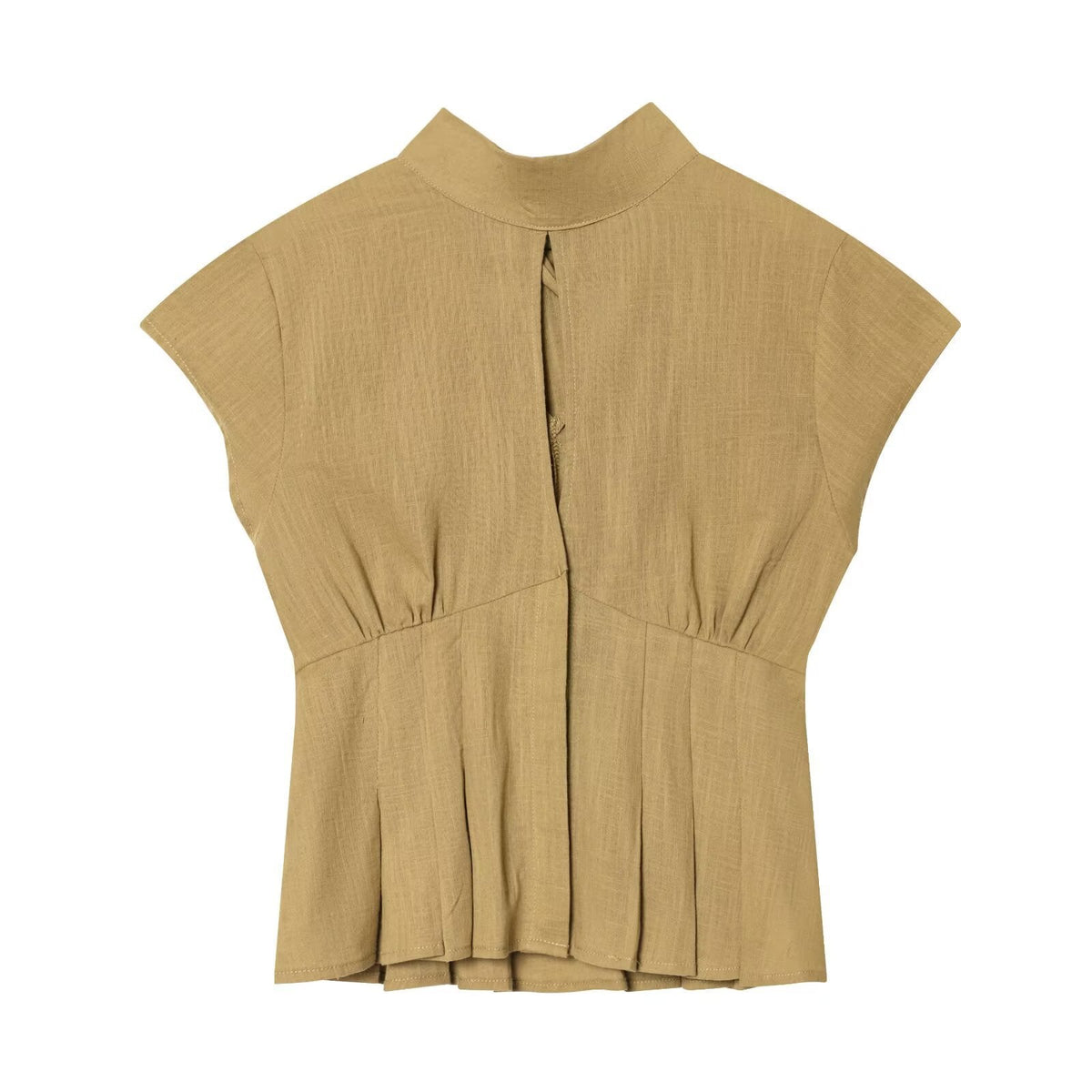 Women's Blouse with Elegant Stand-Up Collar and Pleated Details