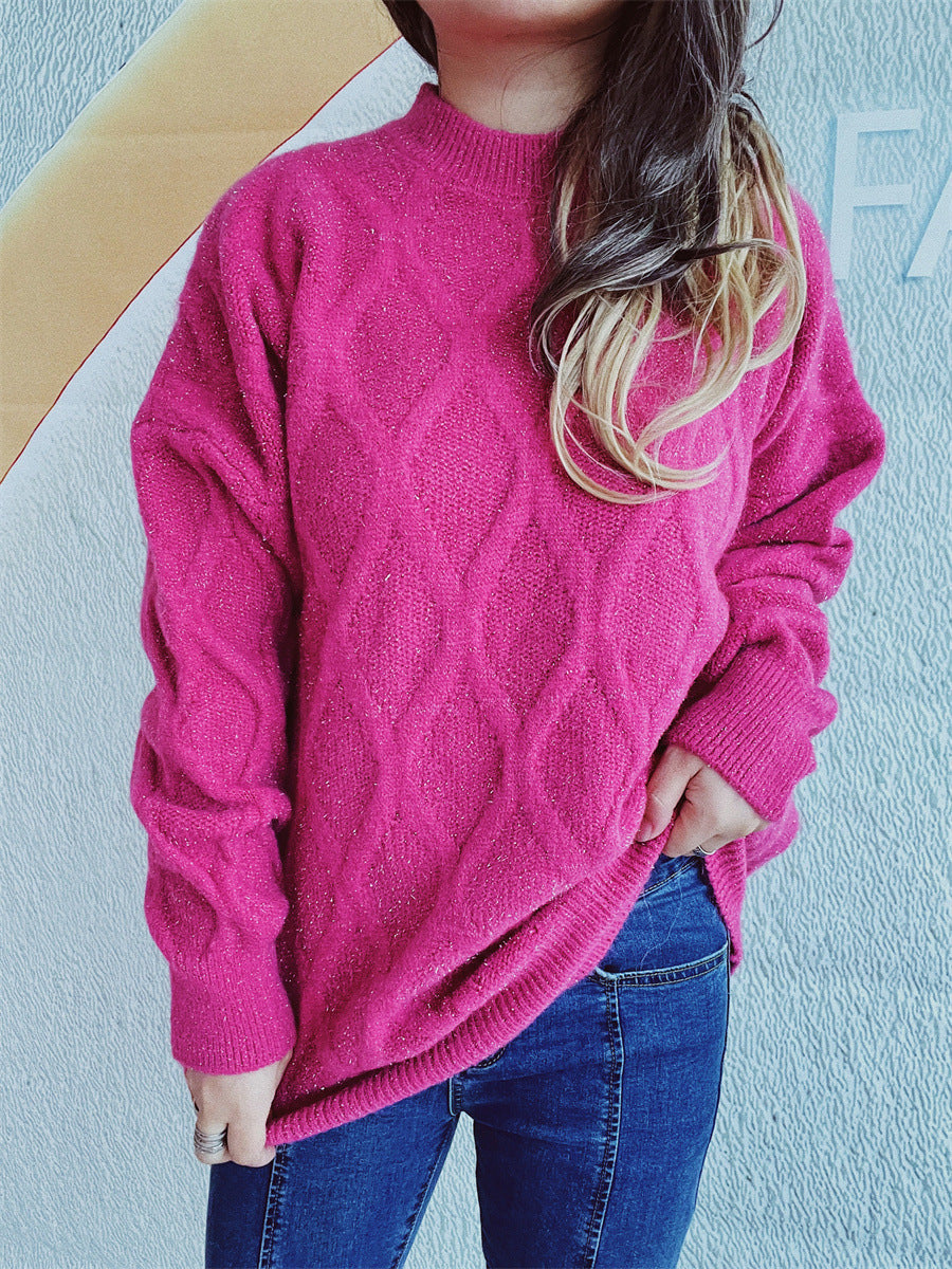 Women's Chunky Knit Sweater with Diamond Pattern and Voluminous Sleeves