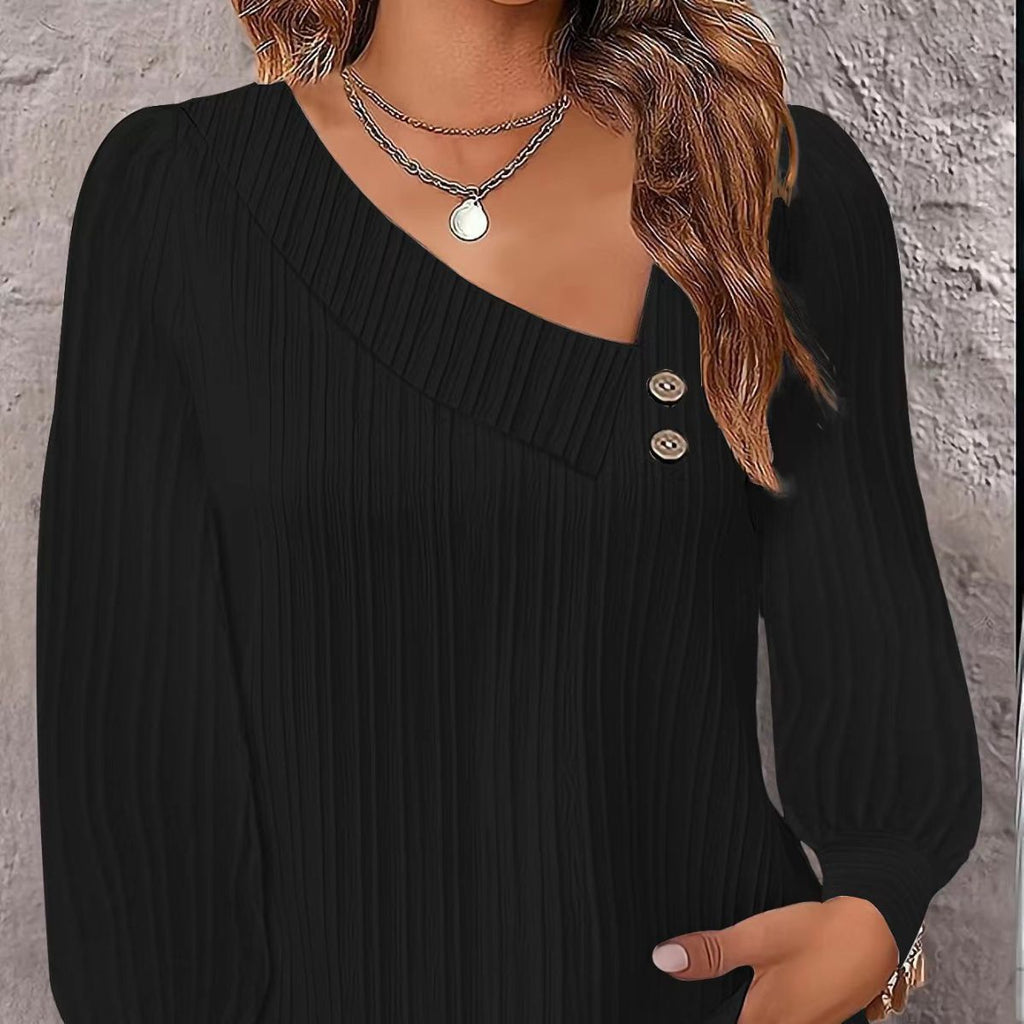 Women's Casual Blouse with Asymmetric Collar and Decorative Buttons