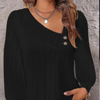 Women's Casual Blouse with Asymmetric Collar and Decorative Buttons
