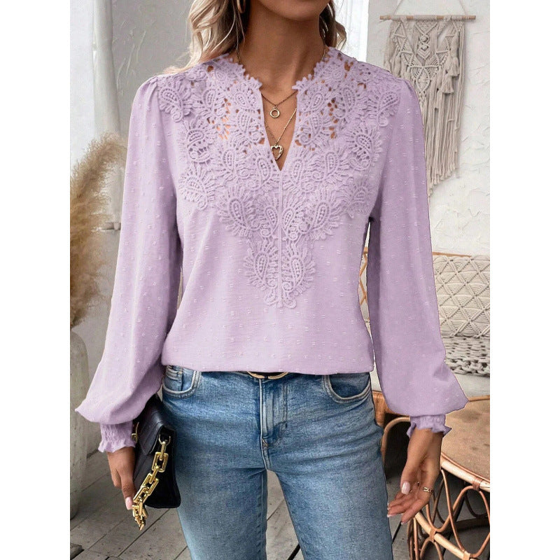 Women's Blouse with Embroidered V-Neck and Long Sleeves