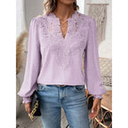 Women's Blouse with Embroidered V-Neck and Long Sleeves