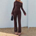 Women's Form-Fitting Off-Shoulder Long Sleeve Shirt with Flared Sleeves