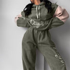 Women's Cozy Hoodie Set with Contrast Sleeves and High-Waist Joggers