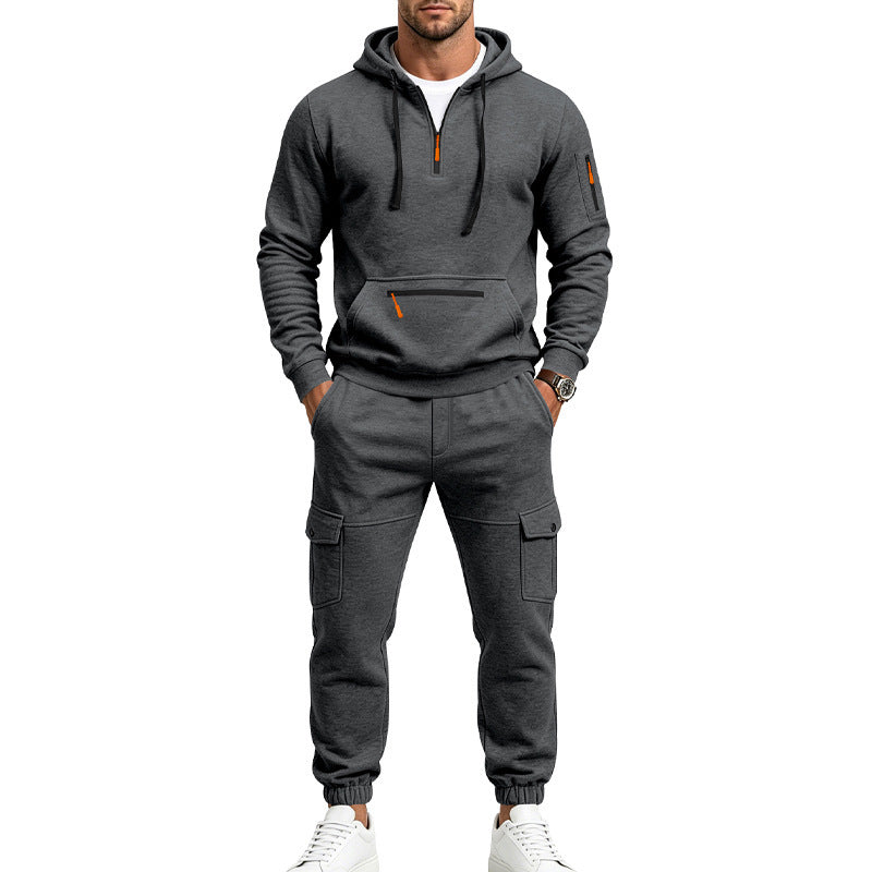 Men's Two-Piece Fleece Loungewear Set with Half-Zip Hoodie and Cargo Joggers