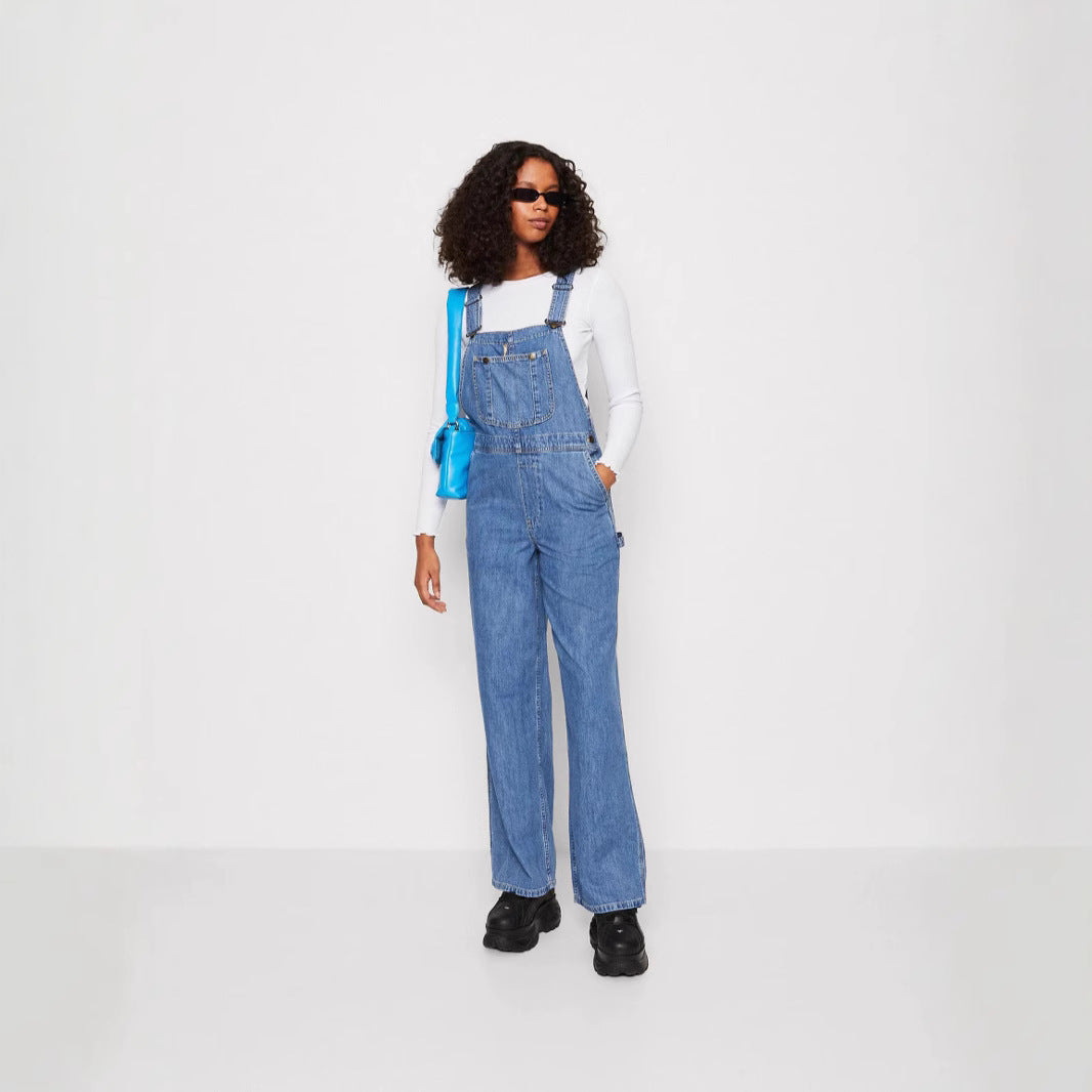 Women's Wide-Leg Denim Overalls with Adjustable Straps