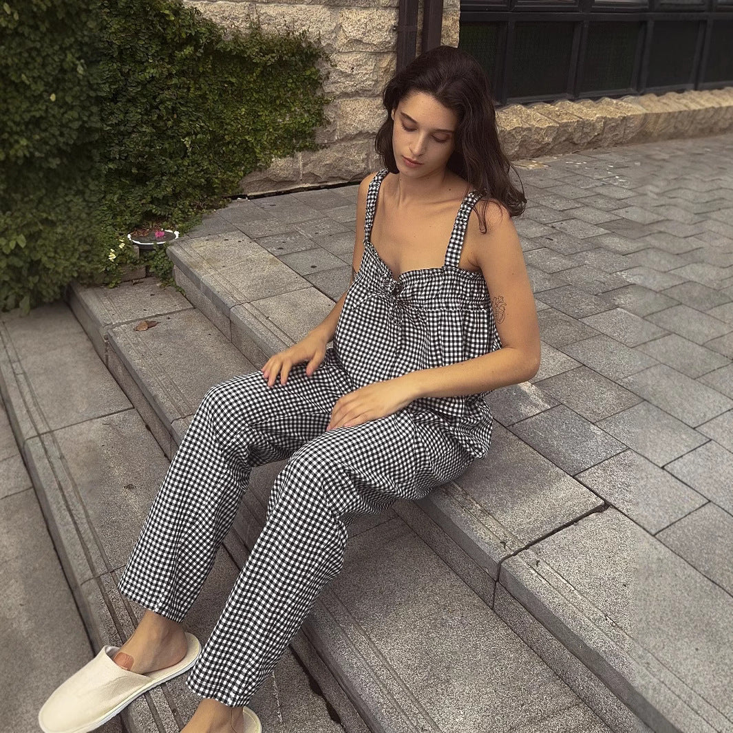Flowy Summer Jumpsuit with Plaid Pattern and Adjustable Straps