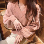 Women's Chunky Knit Sweater with Deep V-Neck and Voluminous Sleeves