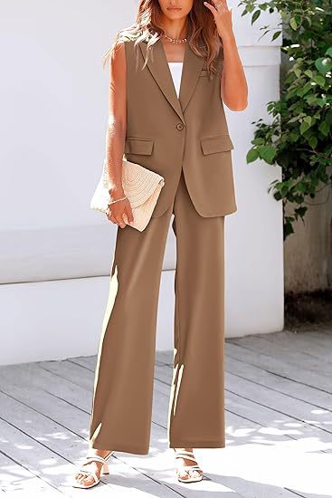 Women's Sleeveless Blazer Set with Wide-Leg Trousers
