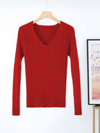 Women's Fine Knit V-Neck Ribbed Sweater
