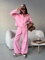 Women’s Casual French Terry Lounge Set with Short Zip Hoodie and Wide-Leg Joggers