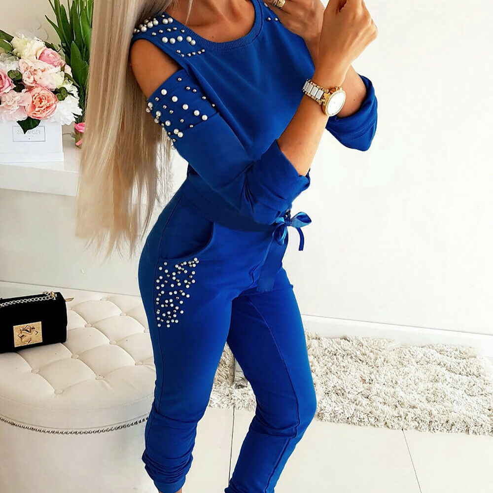 Women's Elegant Leisure Suit with Cut-Outs and Beaded Sleeves