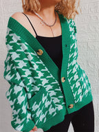 Women's Cozy Knit Cardigan with Modern Houndstooth Pattern and Button Details