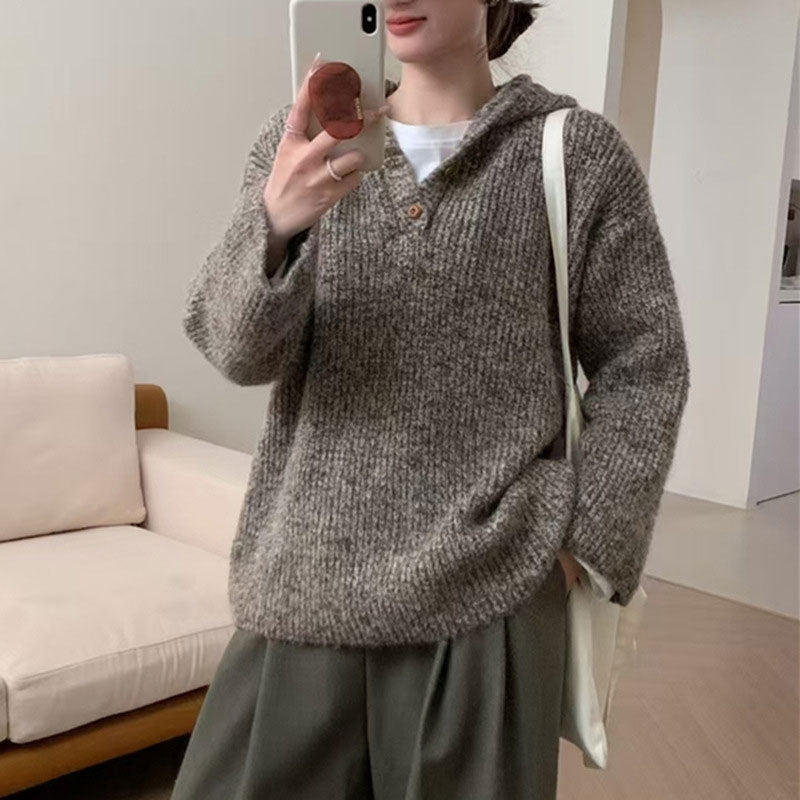 Women's Comfortable Knit Sweater with Button Placket and Hood